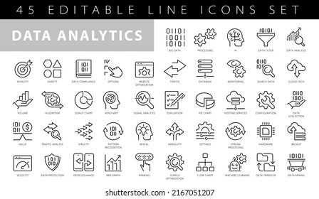 Data analysis, statistics, analytics - minimal thin line web icon set. Outline icons collection. Simple vector illustration