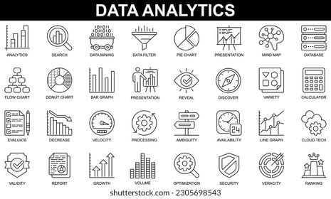 Data analysis, statistics, analytics - minimal thin line web icon set. Outline icons collection. Simple vector illustration