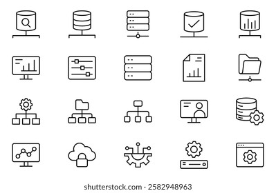 Data analysis, statistics, analytics - minimal thin line web icon set. Outline icons collection. Simple vector illustration. Data analysis thin line icon set. Data processing outline pictograms.
