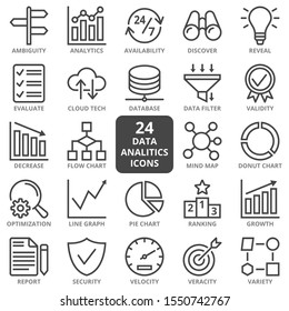 Data analysis, statistics, analytics web icon set. Outline icons collection isolated on white background. Simple vector illustration.