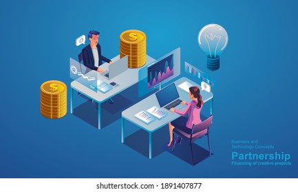 Data Analysis and Statistics concept. business analytics, Data visualization. Technology, Isometric Investors, and creative providers sit and discuss Providing customer, Flat vector illustration