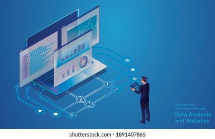 Data Analysis and Statistics concept. Isometric programmer working in a software development company office Creative providers on virtual computer screens for marketing solutions Flat Design vector