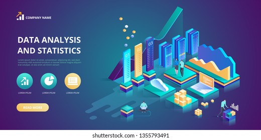 Data Analysis and Statistics concept. Vector  isometric illustration business analytics, Data visualization. Technology, Internet and network concept. Data and investments.