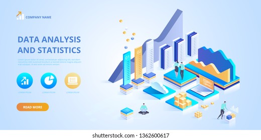 Data Analysis and Statistics concept. Vector  isometric illustration business analytics, Data visualization. Technology, Internet and network concept. Data and investments.