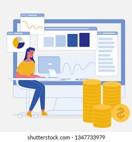 Data Analysis, Statistics Flat Vector Illustration. Woman with Laptop Sitting at Desk. Worker in Office. SEO. Graph, Diagram, Chart on Computer Monitor. Business Metrics, Analytics. Profit, Income