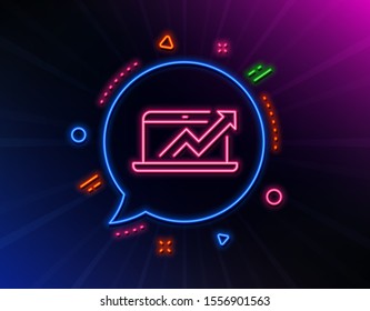 Data Analysis and Statistics line icon. Neon laser lights. Report graph or Chart sign. Computer data processing symbol. Glow laser speech bubble. Neon lights chat bubble. Vector