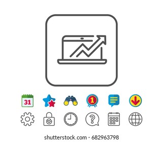 Data Analysis and Statistics line icon. Report graph or Chart sign. Computer data processing symbol. Calendar, Globe and Chat line signs. Binoculars, Award and Download icons. Editable stroke. Vector