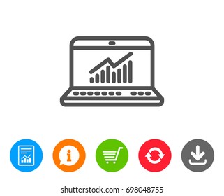 Data Analysis and Statistics line icon. Report graph or Chart sign. Computer data processing symbol. Report, Information and Refresh line signs. Shopping cart and Download icons. Editable stroke