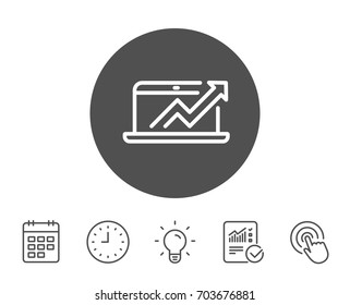 Data Analysis and Statistics line icon. Report graph or Chart sign. Computer data processing symbol. Report, Clock and Calendar line signs. Light bulb and Click icons. Editable stroke. Vector