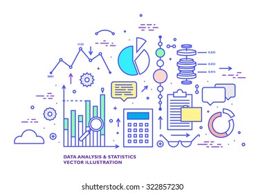 Data Analysis and Statistics Thin Line Flat Style Vector Icons Set. Grpahs, Charts and Diagrams, Cloud Computing, Web Technologies, Data Management and Office Elements Collection.