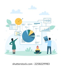 Data analysis of stock market trades vector illustration. Cartoon tiny people research graphs and candlestick and pie charts reports on dashboard, traders monitor indicators and index information