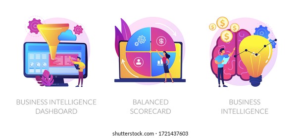 Data analysis, strategic management, analytical research icons set. Business intelligence dashboard, balanced scorecard, business intelligence metaphors. Vector isolated concept metaphor illustrations