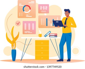 Data analysis, strategy. Man is working with data on the laptop in the office. Flat vector concept illustration for website, banner, flyer. Isolated on white