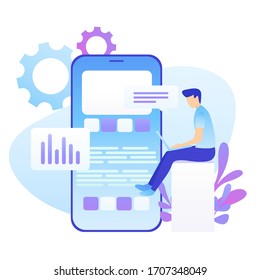 Data analysis, strategy. man working with data near big smartphone. Flat vector concept illustration for website, banner, flyer. Isolated on white