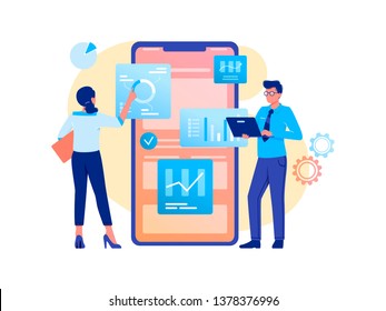 Data analysis, strategy. Woman and man are working with data near big smartphone. Flat vector concept illustration for website, banner, flyer. Isolated on white