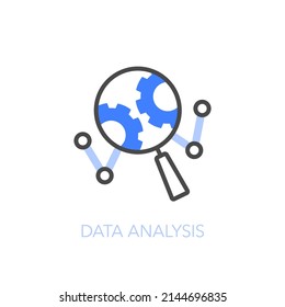 Data analysis symbol with a magnifier, chart and cogwheels. Easy to use for your website or presentation.