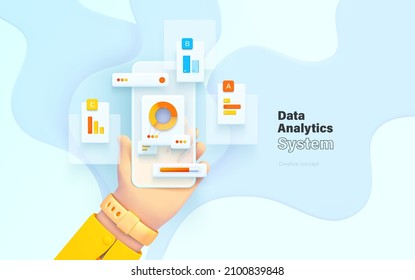 Datenanalysesystem. Die Hand hält das Telefon. Mobile Anwendung für Datenanalyse und Buchhaltung. Dateiverwaltung. Elektronisches Dokumentenmanagement. Vektorgrafik 3D-Stil