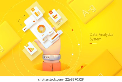 Data analysis system. The hand is holding the phone. Mobile application for data analysis and accounting. File management. Electronic document management. Vector illustration 3d style