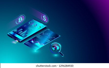 Sistema de análisis de datos sobre smartphones, minería de bitcoin, marketing, análisis de estadísticas financieras con gráficos en pantalla. Vector