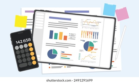 Análisis de datos con el App de la calculadora de la tableta y del smartphone, concepto del análisis financiero del crecimiento, estadísticas y gráfico en la pantalla, tableta con el bolígrafo para dibujar un dato en la pantalla.