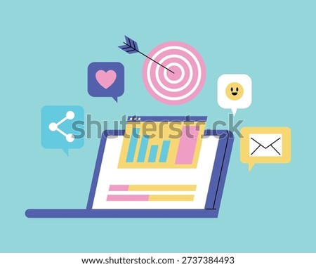 Data Analysis and Target Marketing Concept Featuring Laptop Computer with Statistical Graphs Bullseye Arrow and Social Media Icons Flat Style Illustration for Business Strategy Optimization and Digital Advertising Success Growth for E-commerce Business