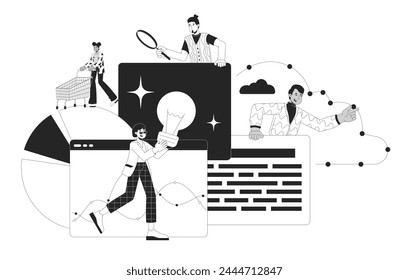 Data analysis team black and white 2D illustration concept. Web analysts people multicultural cartoon outline characters isolated on white. Marketing analytics commerce metaphor monochrome vector art