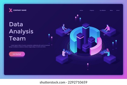 Plantilla de página de inicio isométrica del equipo de análisis de datos. Personal profesional estudiando información virtual. Ilustración vectorial de base de datos para el diseño de páginas web. material de desarrollo de aplicaciones Web