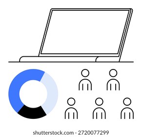 Análisis de datos, trabajo en equipo, planificación de negocios, uso de internet, comunicación y tecnología. Una computadora portátil, un gráfico circular y seis iconos de usuario. Análisis de datos y concepto de trabajo en equipo