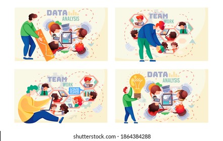 Data analysis teamwork scenes set. A team of analysts holds a meeting, develops a marketing strategy based on analysis of financial performance, diagrams of the enterprise. Businessmen brainstorming