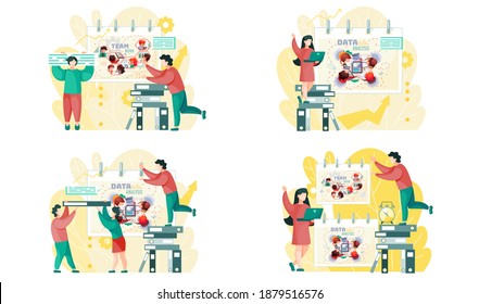 Data analysis teamwork scenes set. A team of analysts holds a meeting, develops a marketing strategy based on analysis of financial performance, diagrams of the enterprise. Businessmen brainstorming