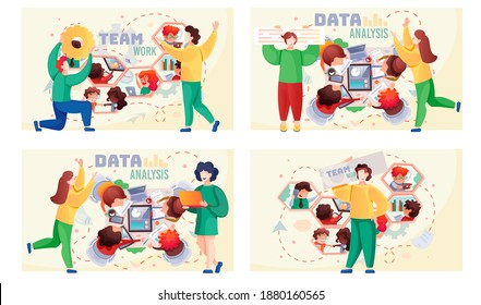 Data analysis teamwork scenes set. A team of analysts holds a meeting, develops a marketing strategy based on analysis of financial performance, diagrams of the enterprise. Businessmen brainstorming