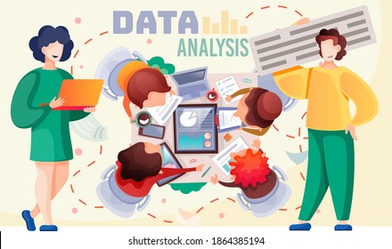 Data analysis teamwork. A team of analysts holds a meeting and develops a marketing strategy based on an analysis of the financial performance, diagrams of the enterprise. Businessmen brainstorming