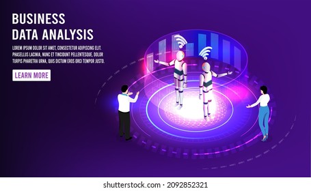 Data analysis technology concept. isometric vector illustration. Businessman working with big database on data center system for diagrams of sales management statistics and operational reports