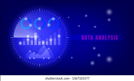 Data analysis and technology concept. Radar on magnifying glass with area chart bar chart and doughnut chart on circuit.
