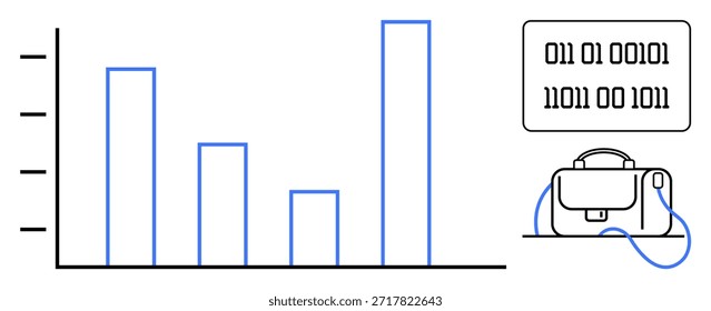 Análisis de datos, tecnología, finanzas, marketing digital, educación, estadísticas. Gráfico de barras con código binario y un maletín conectado. Análisis de datos y concepto de tecnología