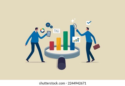 Data analysis and technology. Optimization for SEO. Track business trends or growth. Business team using magnifier and tools to analyze chart. Illustration