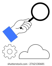 Data analysis, technology, research, cloud computing, innovation, search functionality. Hand holding magnifying glass with gear and cloud. Data analysis and technology concept