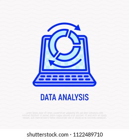 Data analysis thin line icon: opened laptop and diagram with arrows. Modern vector illustration.