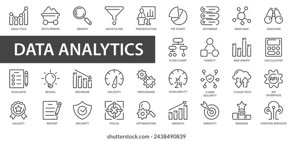 Data analysis thin line icon set. Graphs, statistics, analytics, analysis, big data, growth, chart, research, UI, UX, GUI and more outline icon.