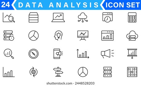 Data analysis thin line icon set. Data processing outline pictograms for website and mobile app GUI. Digital analytics simple UI, UX vector icons