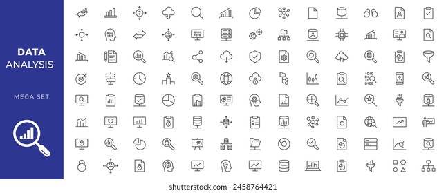 Data analysis thin line icon mega set. Data processing outline pictograms for website and mobile app GUI. Digital analytics simple UI, UX vector icons