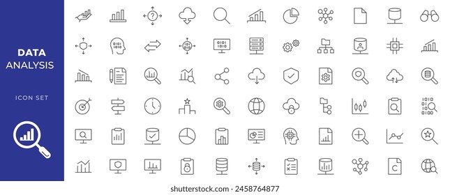 Data analysis thin line icon mega set. Data processing outline pictograms for website and mobile app GUI. Digital analytics simple UI, UX vector icons