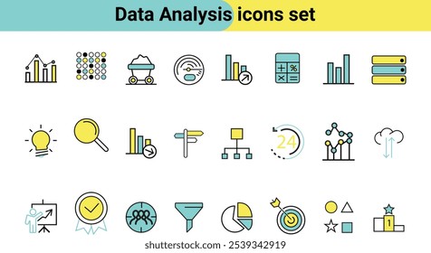 Conjunto de ícones de linha fina da análise de dados. Pictogramas de esboço de processamento de dados.
