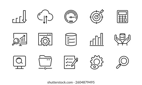 Data analysis thin line icon set. Information technology, data, business, analytics, statistics, infographic, data analysis, infographics, optimization and, datafication outline icon collection.