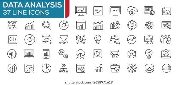 Data analysis thin line icon set. Data cloud analysis technology symbol. Containing database, statistics, analytics icons. Editable stroke. Vector illustration. 