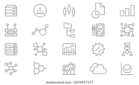 Conjunto de iconos de Web de línea fina de análisis de datos. Conjunto de iconos del Web de tecnología de la información. Base de datos, proceso de big data, ai, monitoreo, tráfico, servicio de hospedaje, optimización y copia de seguridad de la colección del conjunto de iconos de esquema.