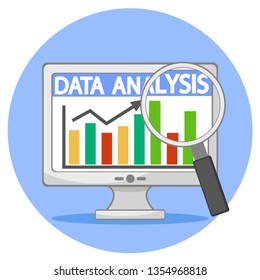 Data analysis through a magnifying glass on a computer monitor chart. Logotype.

