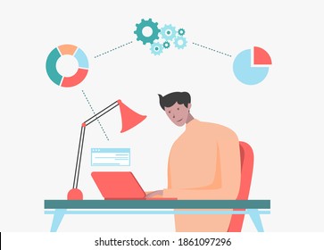 Data Analysis vector concept: Businessman working with laptop on desk, pie chart, and cogwheel symbol