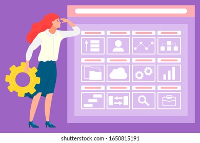 Data analysis vector, female with cogwheel looking at screen with icons. Profile and cloud, interaction sign, chart and magnifying glass tools for business