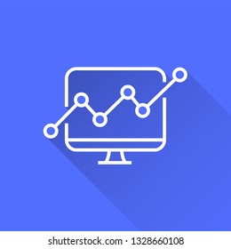Data analysis vector icon with long shadow. White illustration isolated on blue background for graphic and web design.
